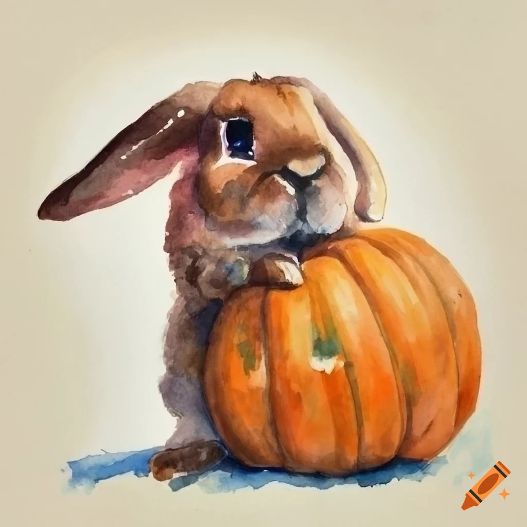 Watercolor of a mini lop rabbit sitting on a pumpkin on Craiyon