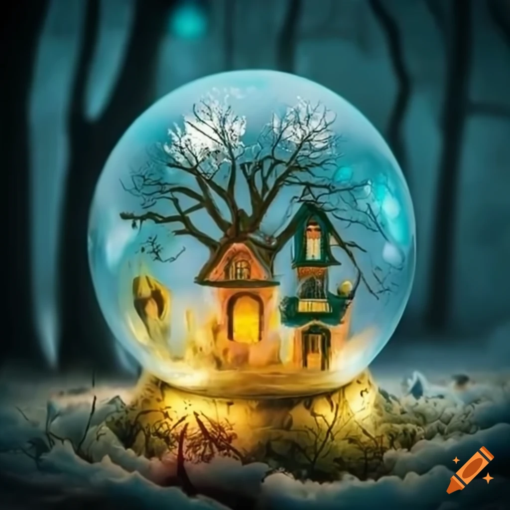 Glass ball with yellow sparks in a surreal park on Craiyon