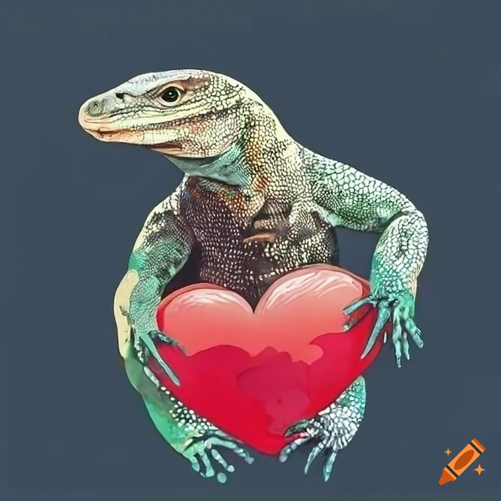 Creative image of a monitor lizard holding a heart on craiyon