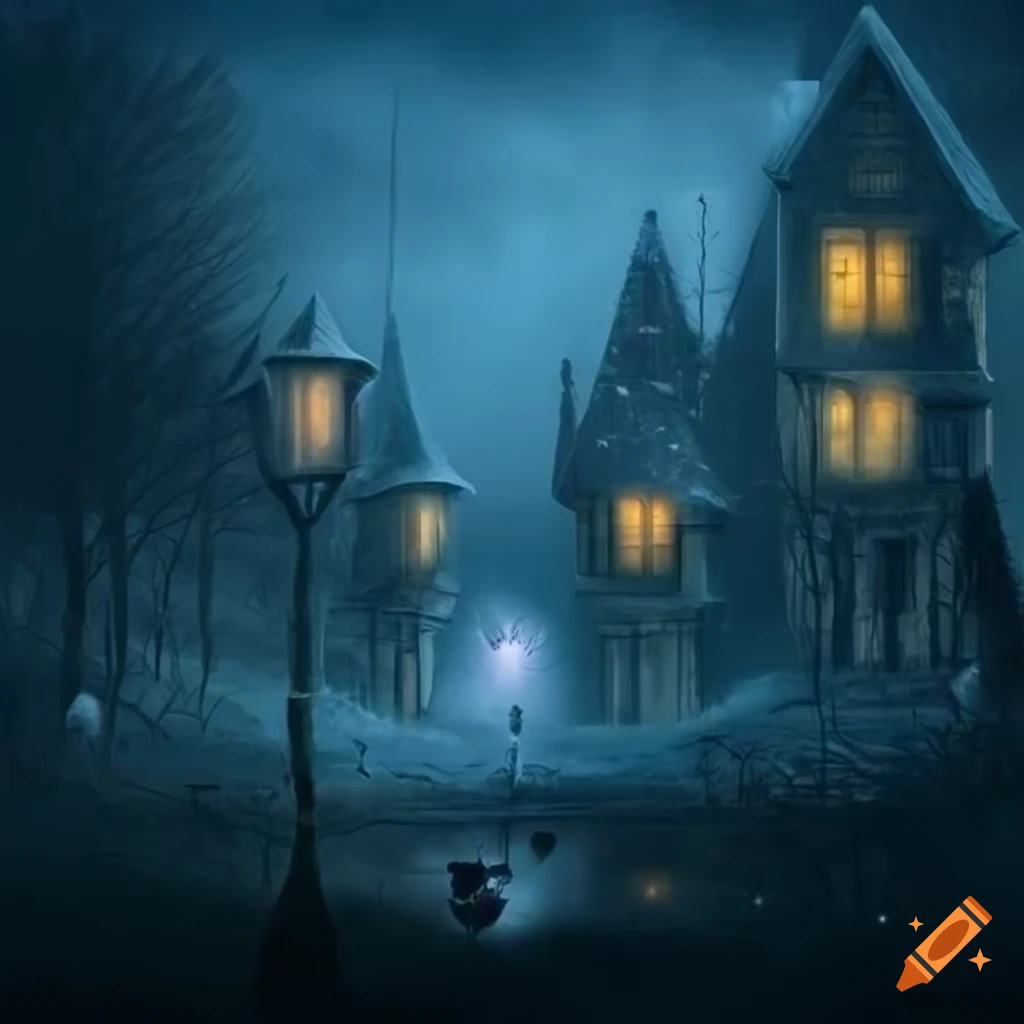 surrealistic snowy park with sparking creatures and yellow lamps