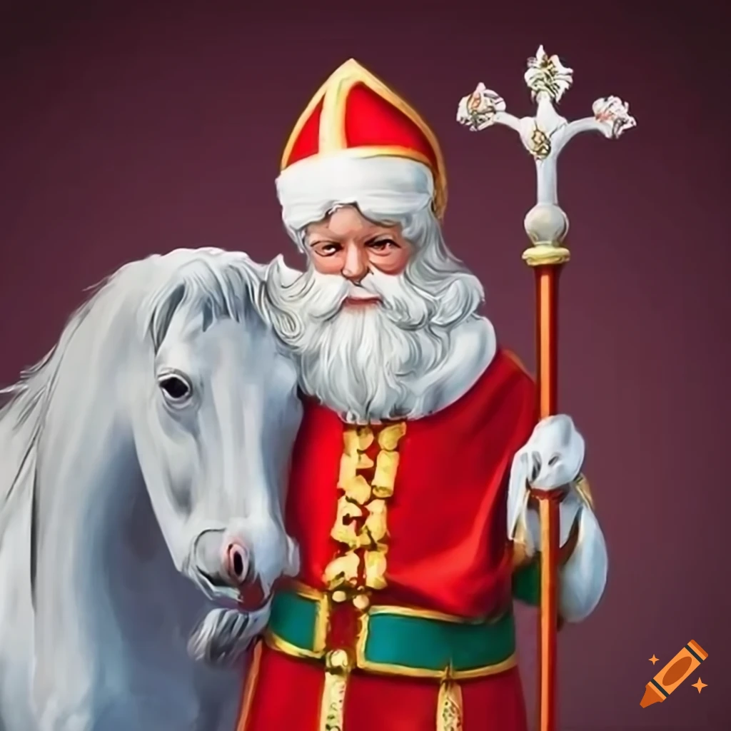 Saint nicholas next to a white horse on Craiyon