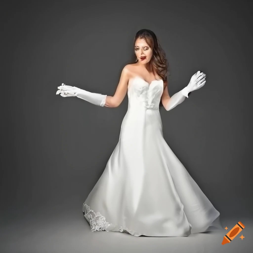 Beautiful bride in a white silk gown and long gloves on Craiyon