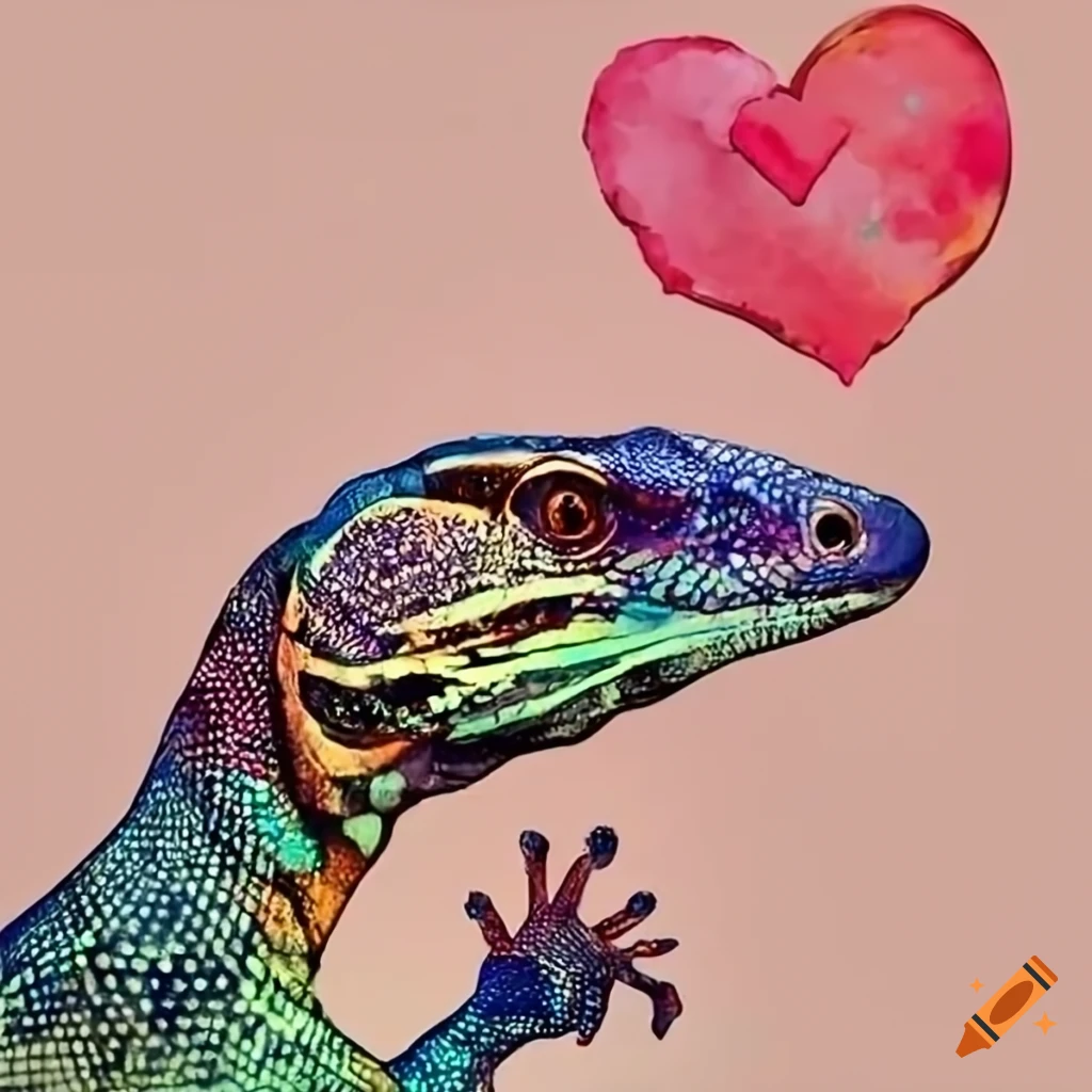Conceptual art of a monitor lizard holding a heart on Craiyon