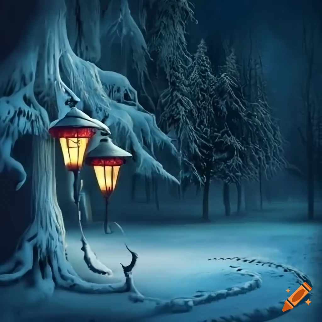 surrealistic snowy landscape with strange creatures and colorful lamps