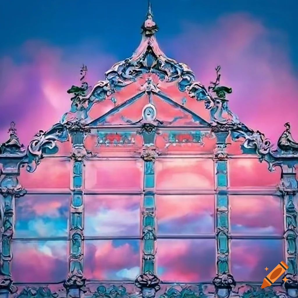 Beautiful pink sky behind a rococo glass facade on Craiyon