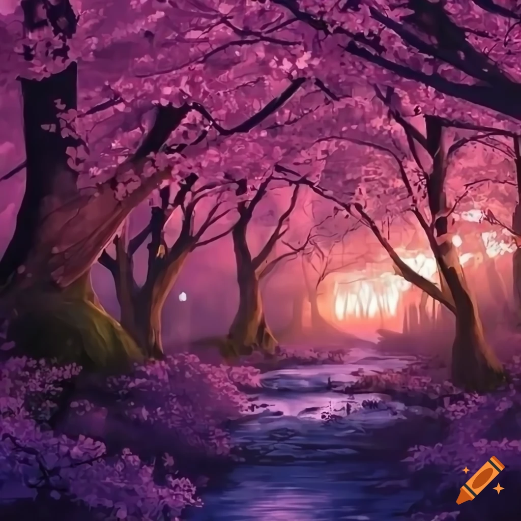 paisaje de un hermoso bosque de sakura al atardecer
