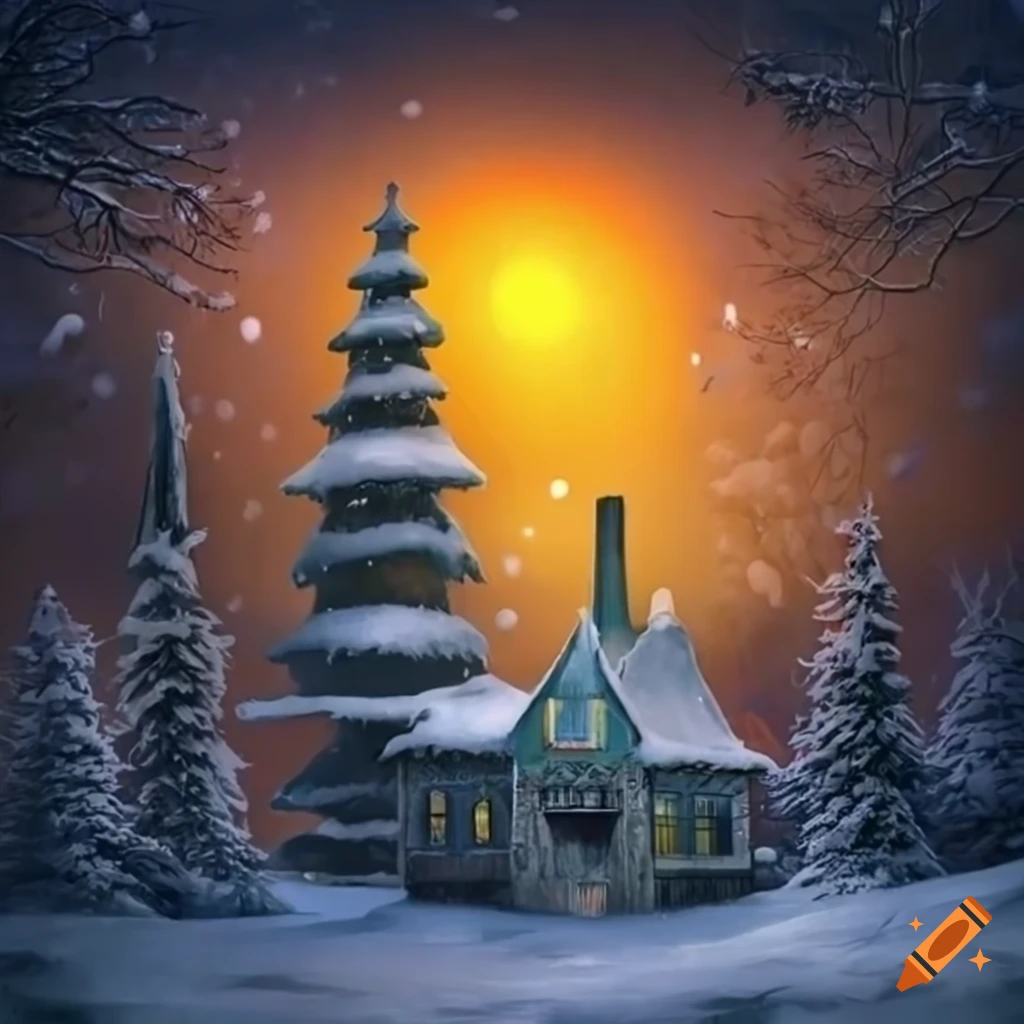 Step into a winter wonderland—a quiet village embraced by snow-laden trees.  moonlight delicately dances upon the glistening snow, casting a serene  glow. in the distance, houses adorned with vibrant lights beckon with