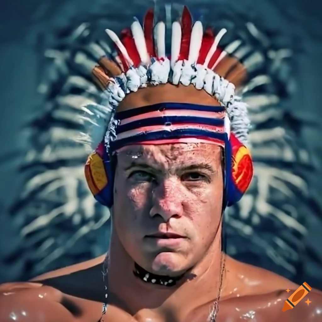 Water polo player with apache headdress in intense match on Craiyon