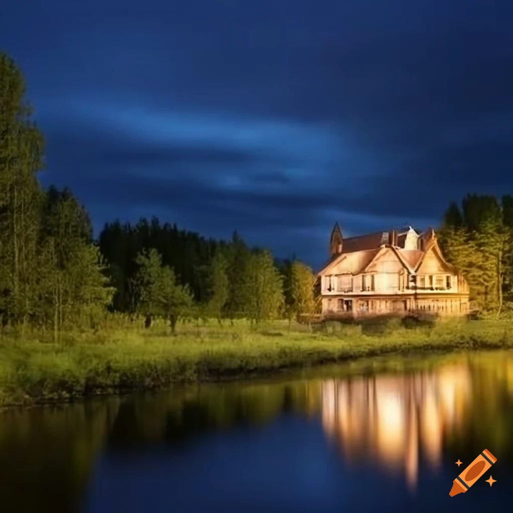 traditional house by a river at night in Lithuania