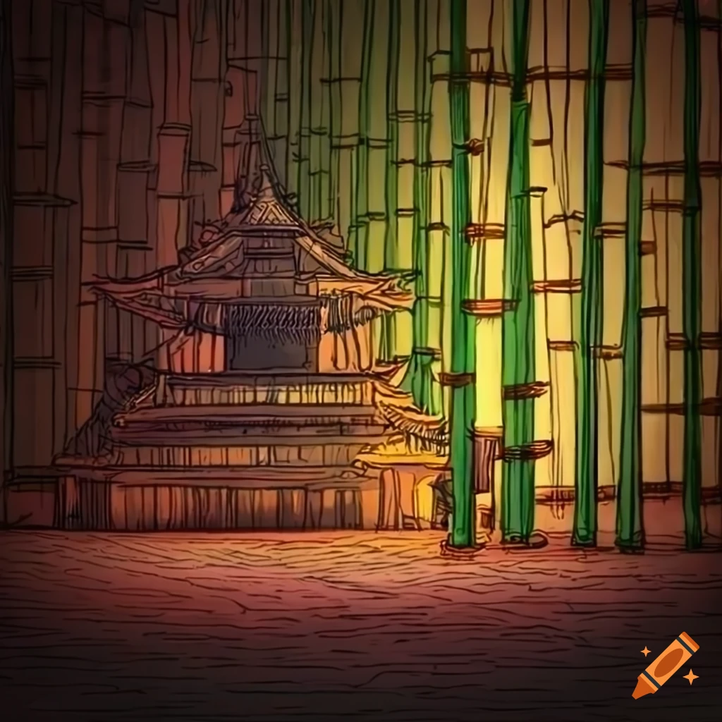 manga style temple room with bamboo during rain