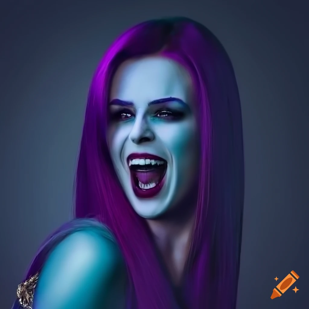 Photo of a stunning laughing vampire woman with purple hair