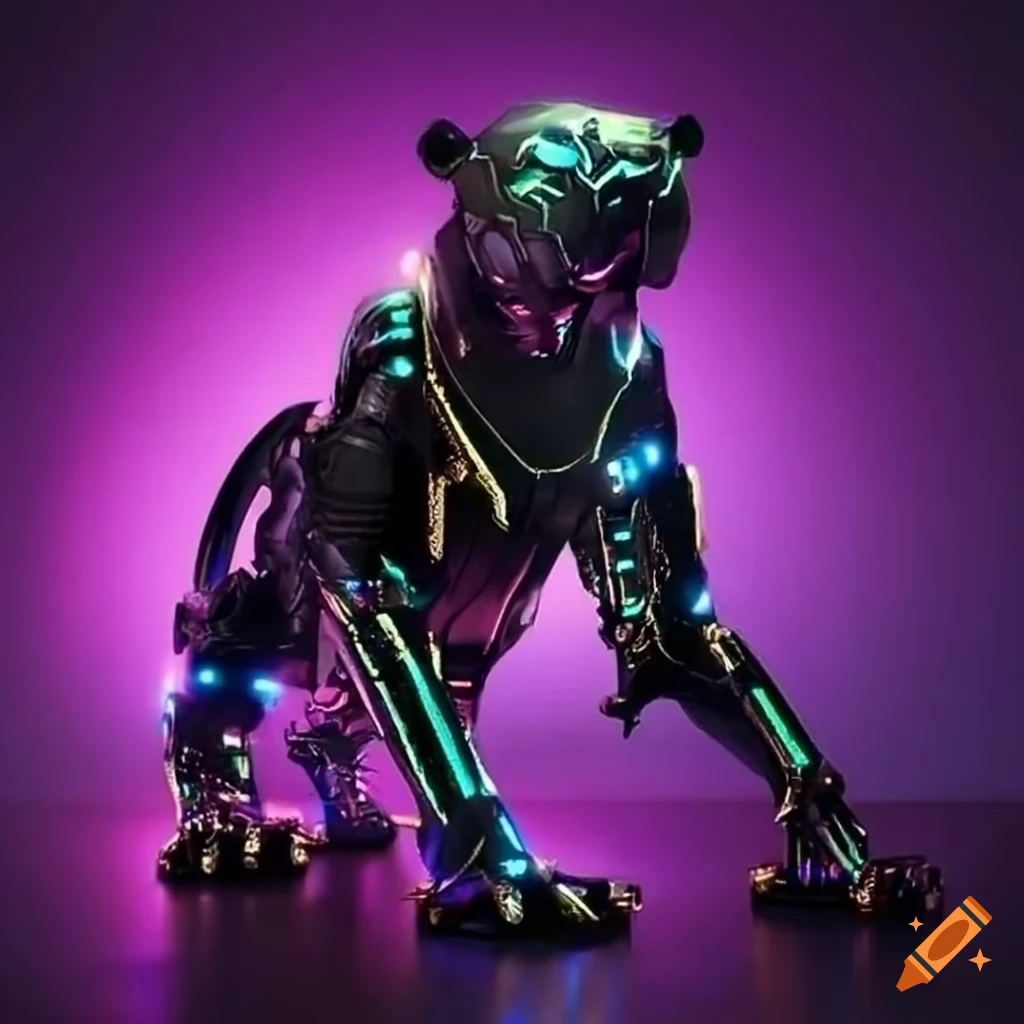 image of a black cyberpanther with gold highlights and purple LEDs