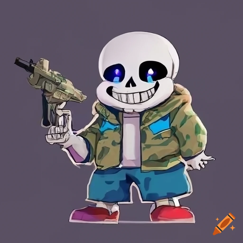 Cosplay of sans from undertale in a military camo suit
