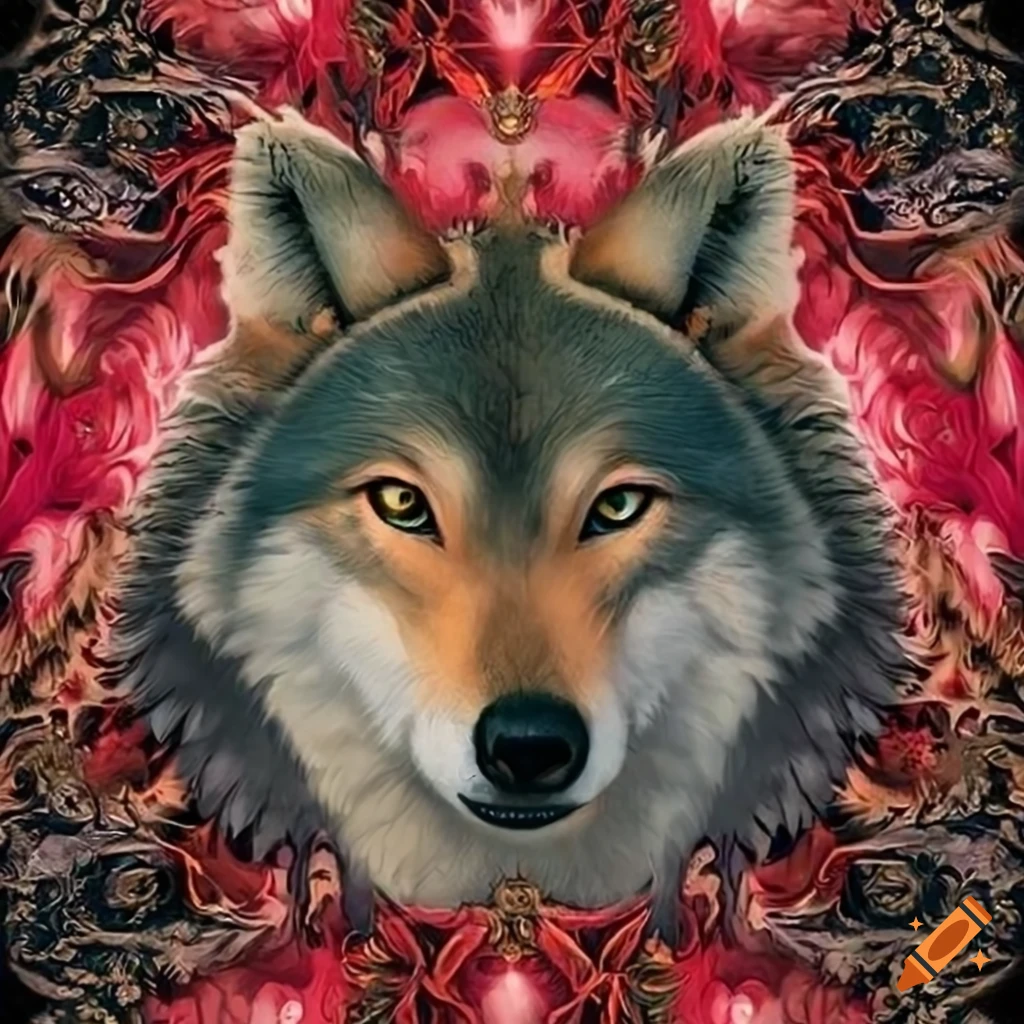 Art deco poster of a crowned wolf with red roses on Craiyon