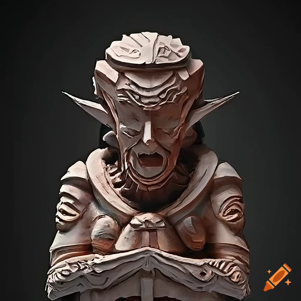 Zelda game sculpture with architectural stave carving style on Craiyon