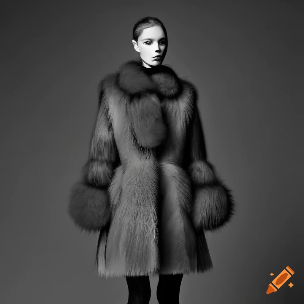 Model wearing a high-end balenciaga fur coat on Craiyon