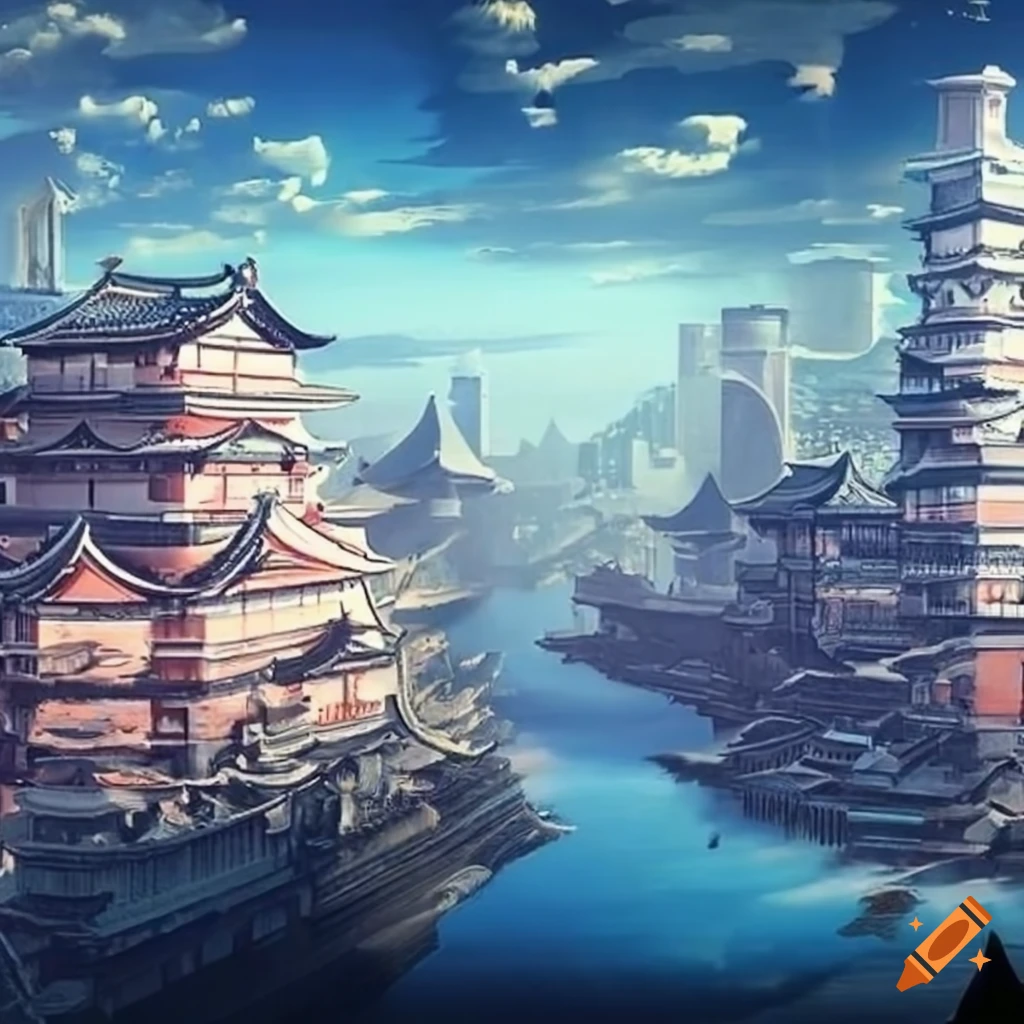 cityscape of a Japanese imperial megacity with traditional and futuristic elements