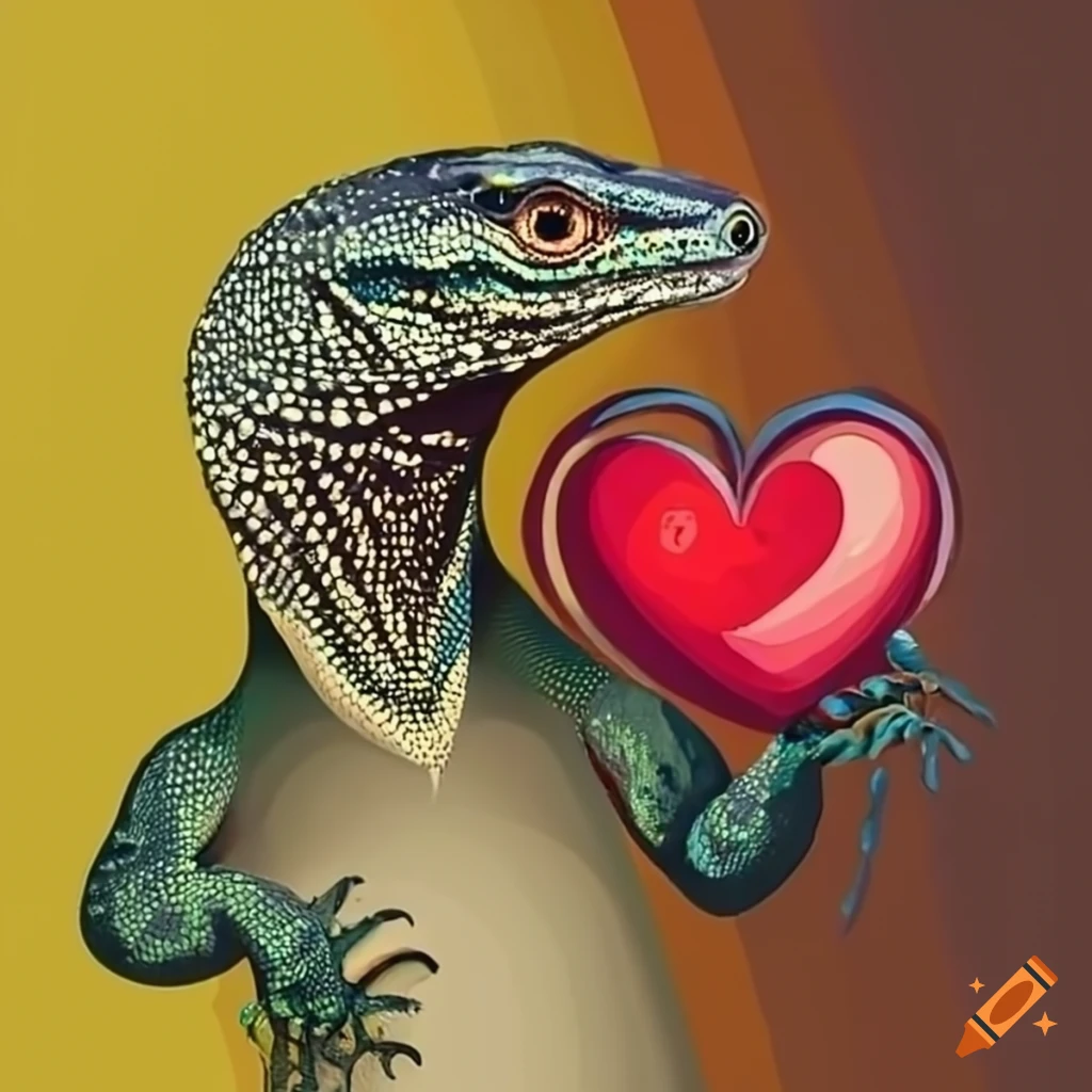Creative photography of a monitor lizard holding a heart on Craiyon