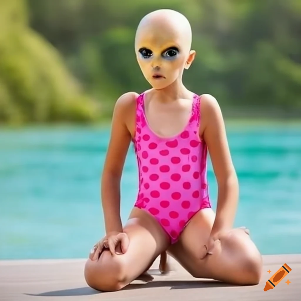 girl with alien face in swimsuit