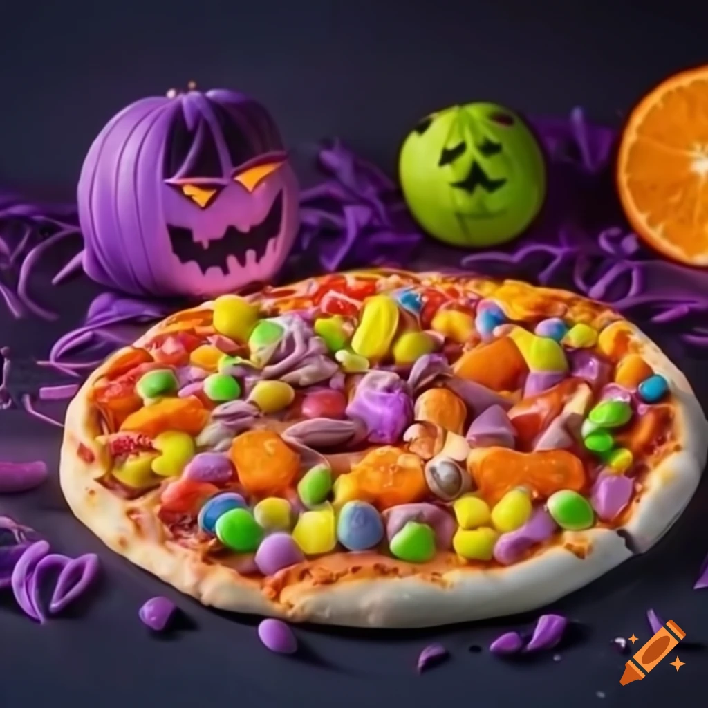 Halloween themed pizza with colorful candy toppings