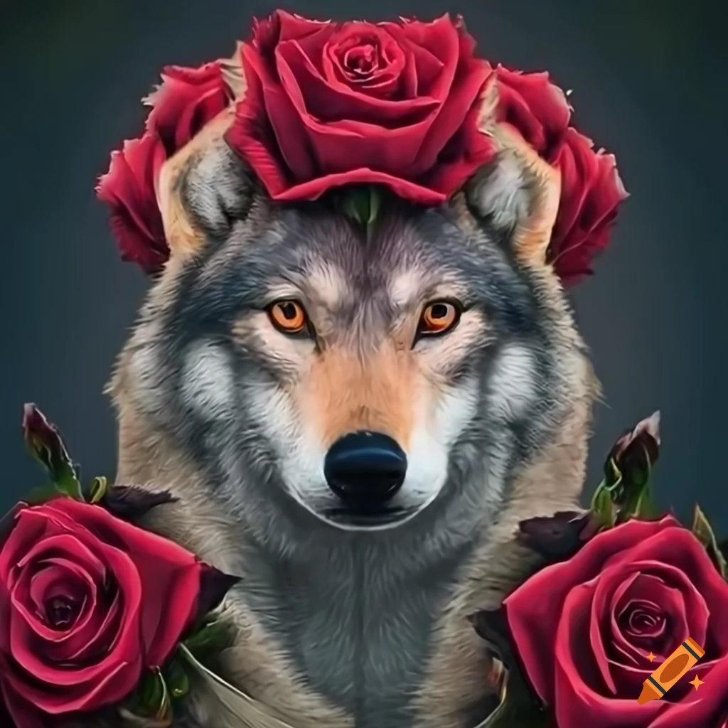 realistic wolf with a crown of red roses