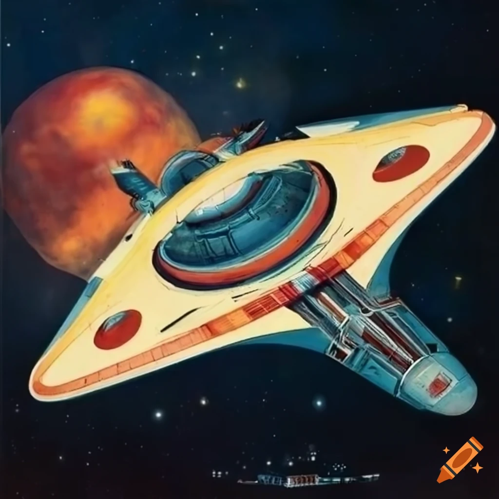 70s sci fi yellow spaceship art on Craiyon