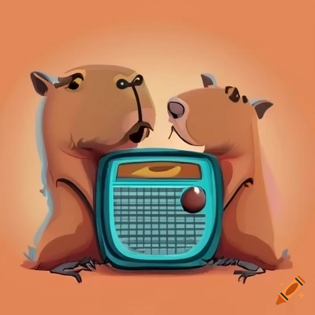 cartoon illustration of a capibara next to a modern radio