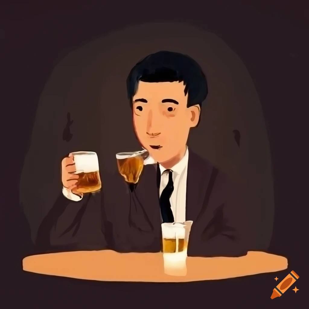 artistic depiction of a Chinese man enjoying a small beer