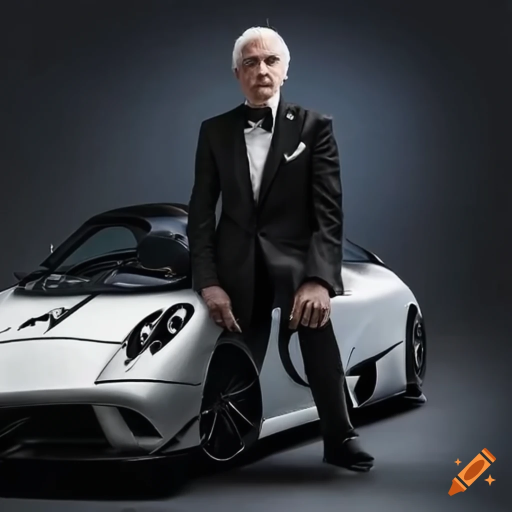 Horacio pagani in a suit posing in front of a sports car on Craiyon