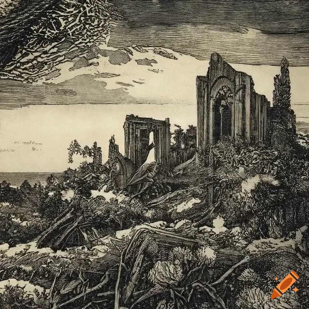 Creepy abandoned ruins in the forest with mountains, monochrome linocut ...