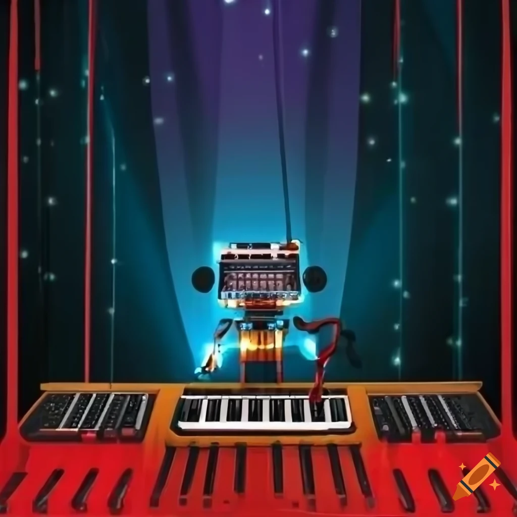 Robot playing synth with lights and buttons