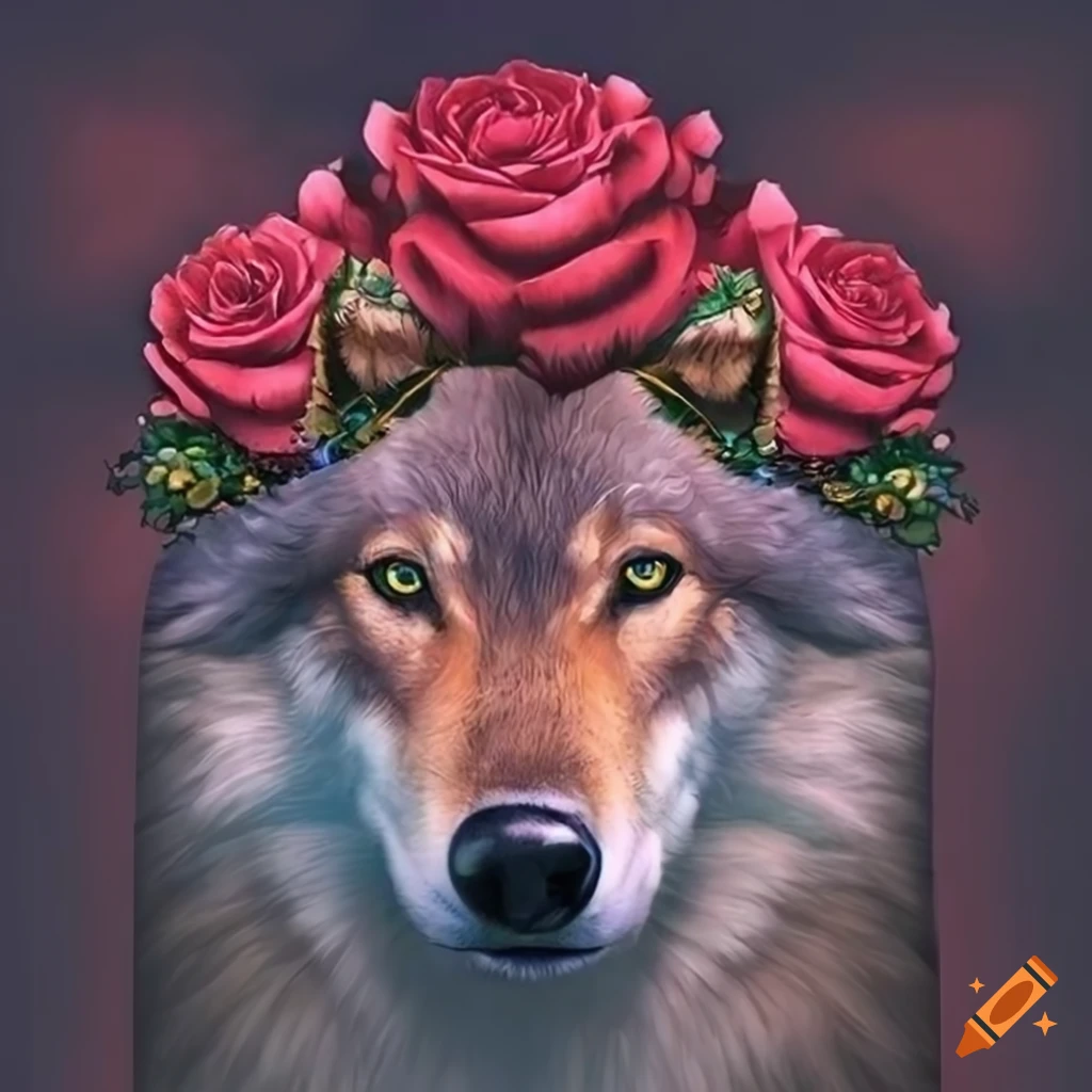 Friendly wolf with pink peonies in a sunset sky setting on Craiyon