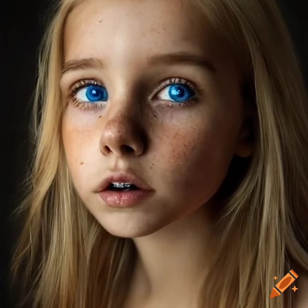 Portrait of a beautiful young girl with blonde hair and blue eyes