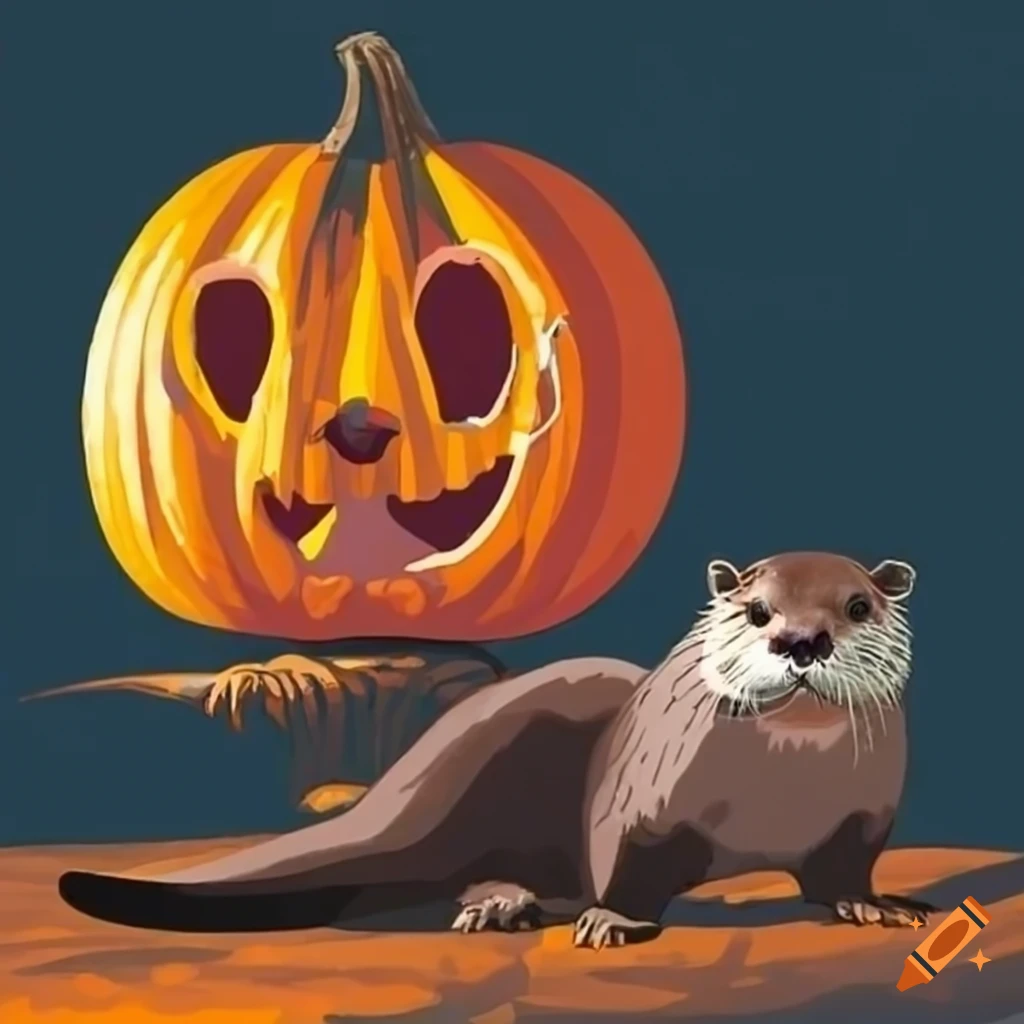 otters posing with a pumpkin