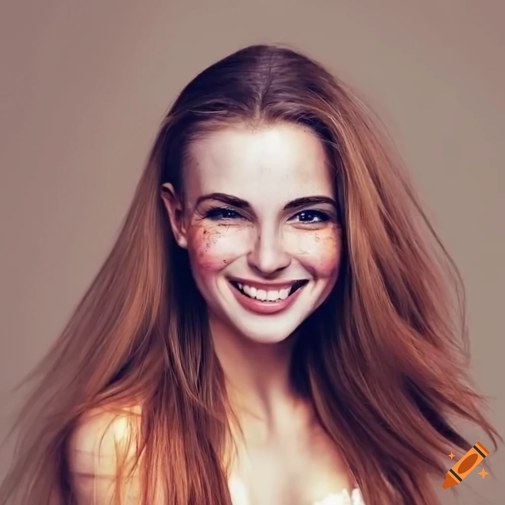 Portrait of a beautiful young woman with freckles and brown hair on Craiyon