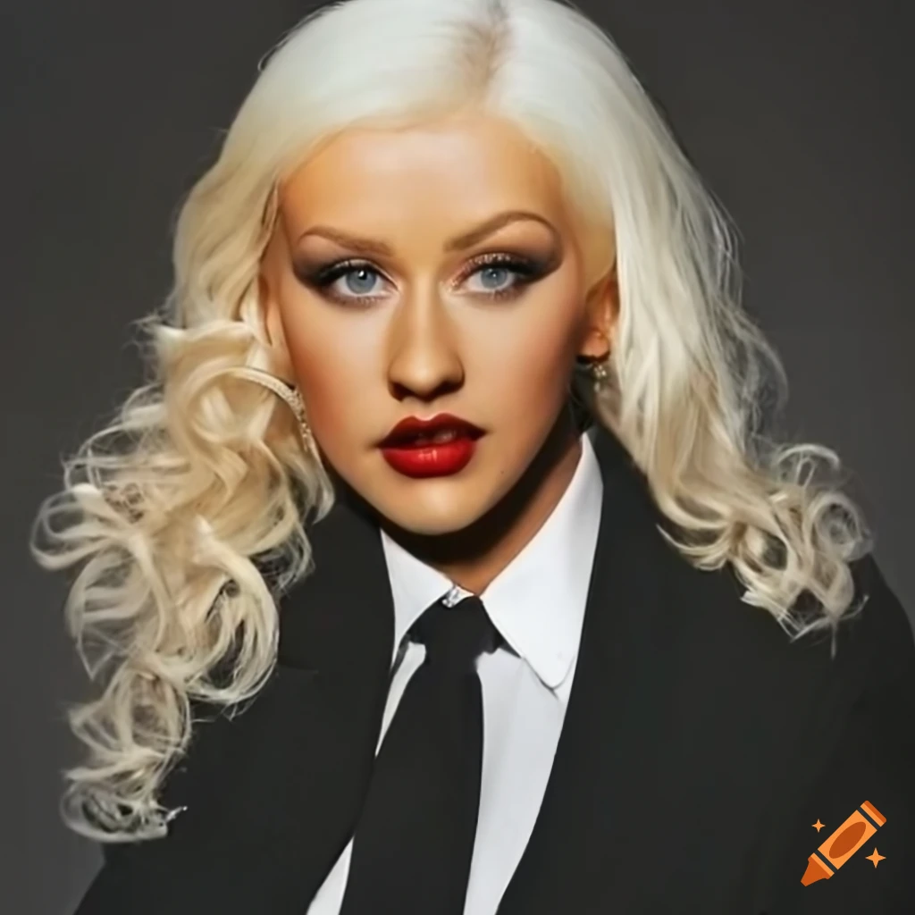 Christina aguilera wearing a black suit and white shirt with a black tie