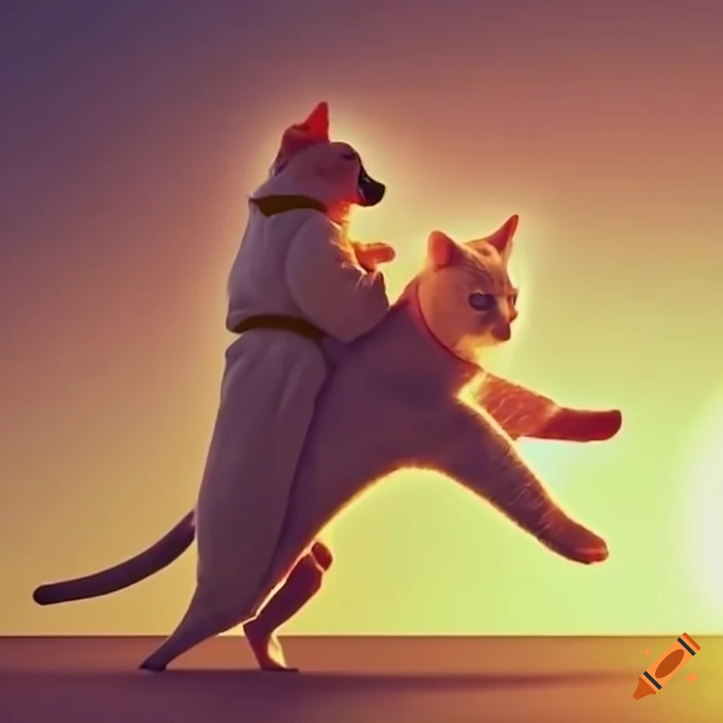 Cat and dog in a judo fight at sunset on Craiyon