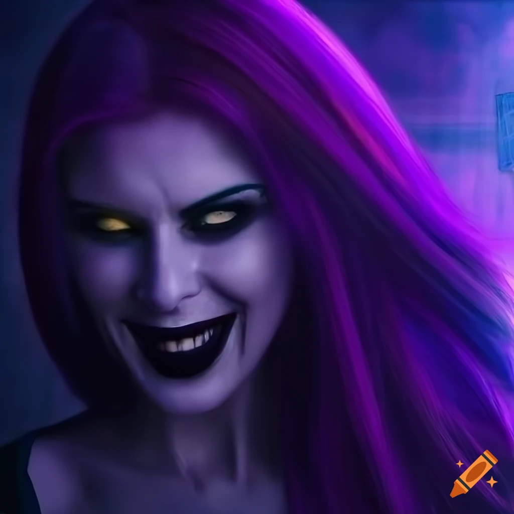 Portrait of a beautiful vampire woman with long purple hair
