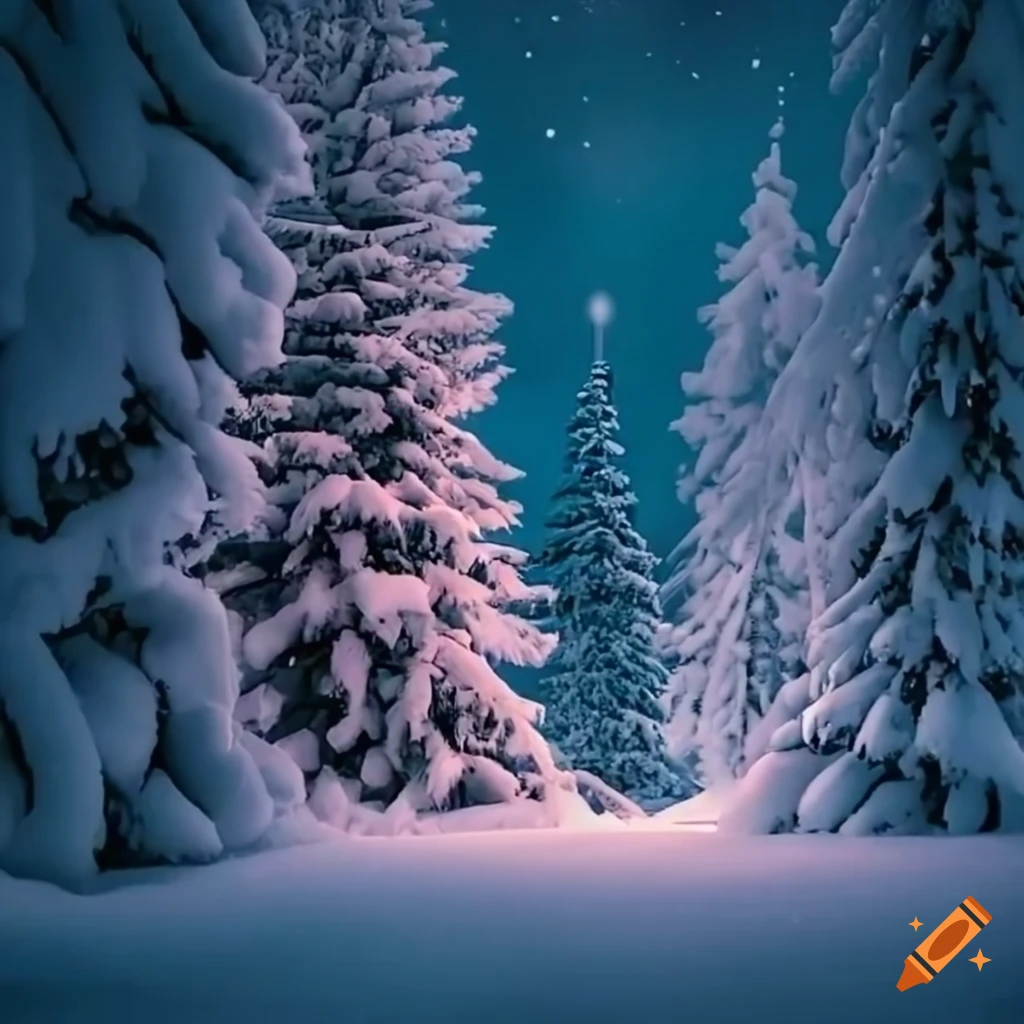 snow-covered trees on a serene Christmas night