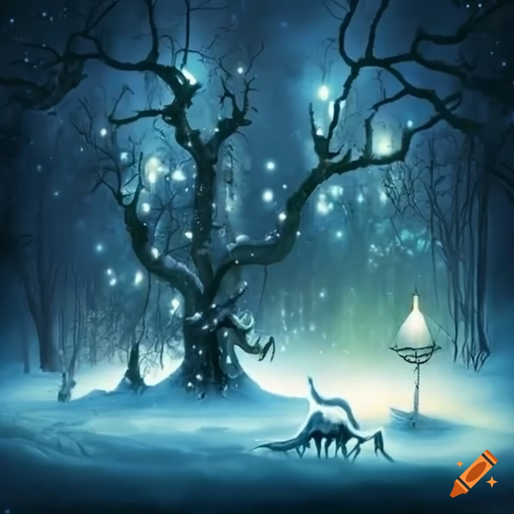 Painting of a snow-covered weirwood tree on Craiyon