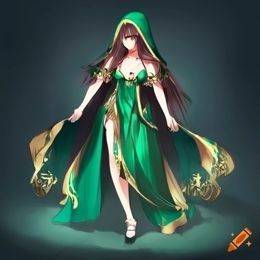 drawing of a mystical woman in green and gold dress
