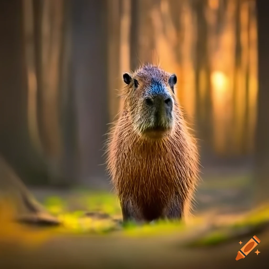 capybara in the forest during sunset