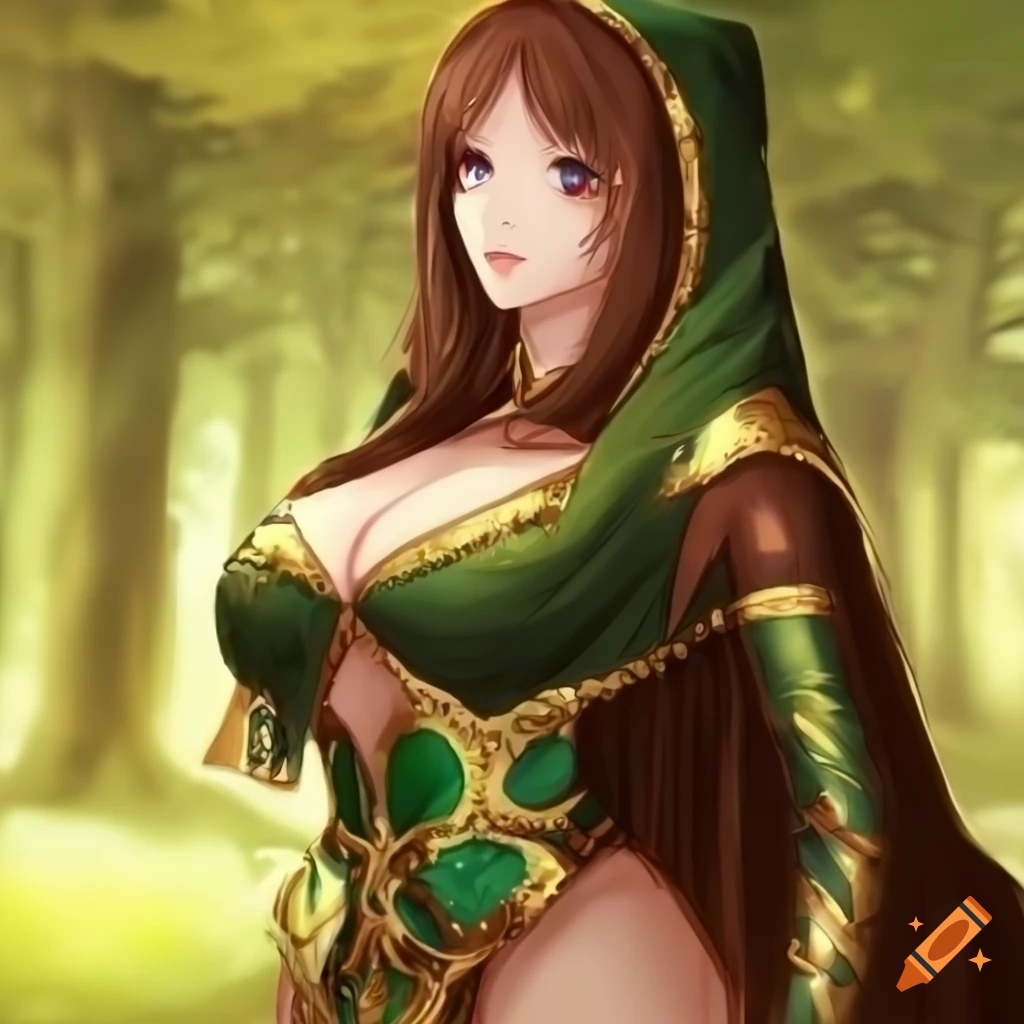 anime woman in green and gold imperial dress in mystical forest