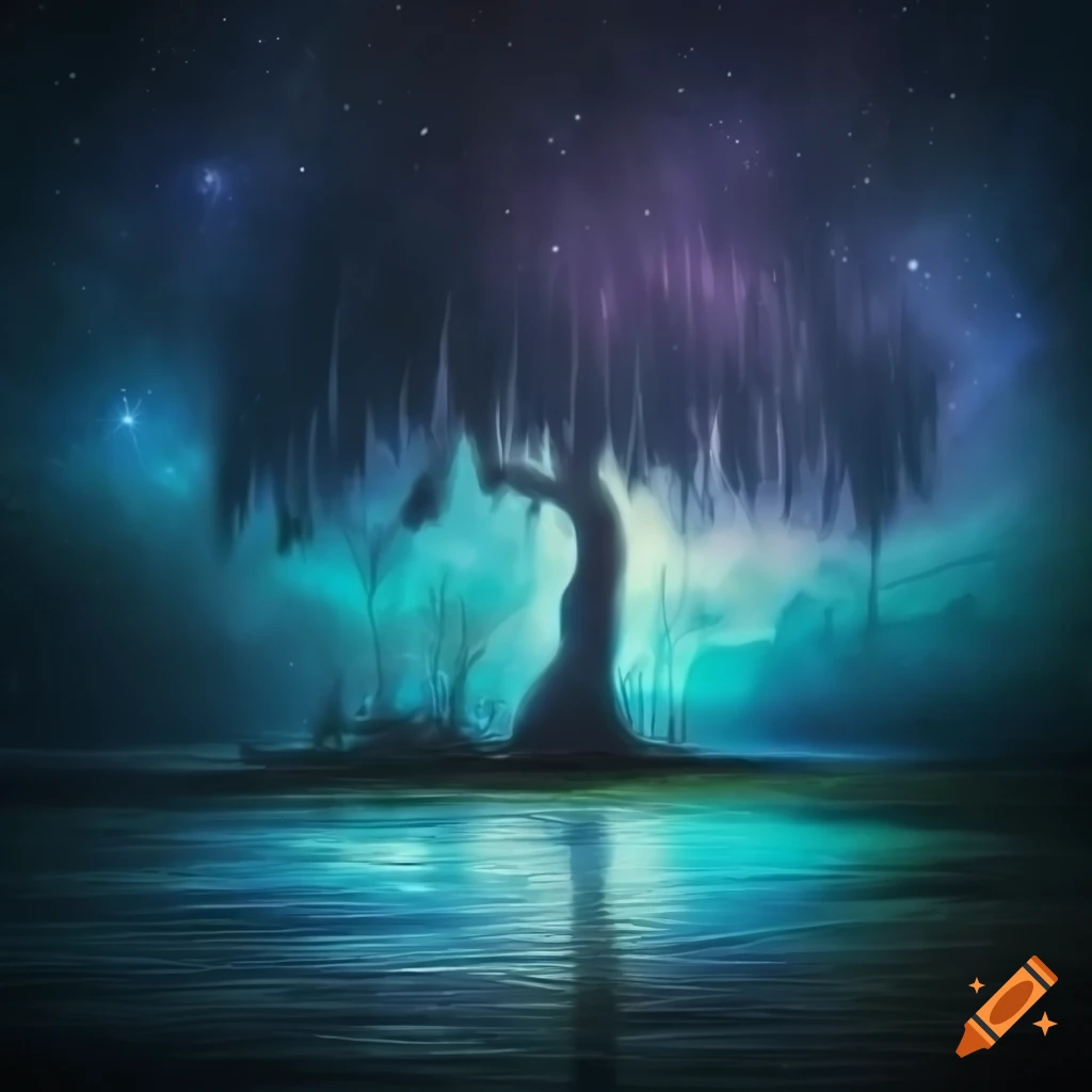 Painting of a mystical cave with a tree near water on Craiyon