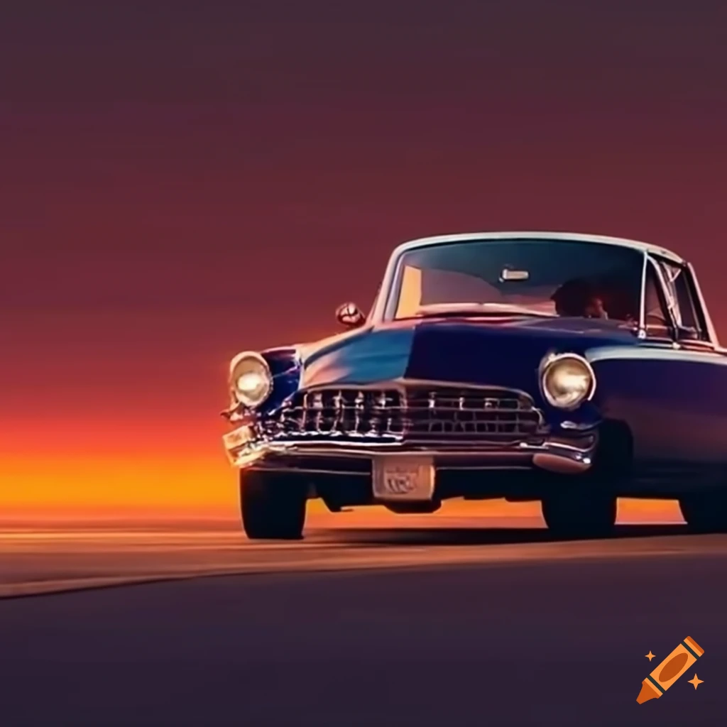 retro car drifting in a sunset