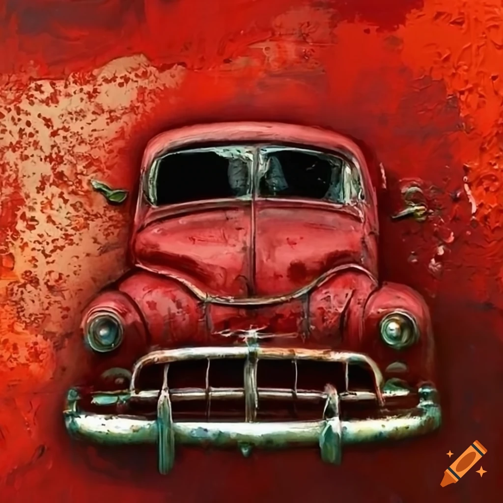 Oil painting of an old red car on Craiyon