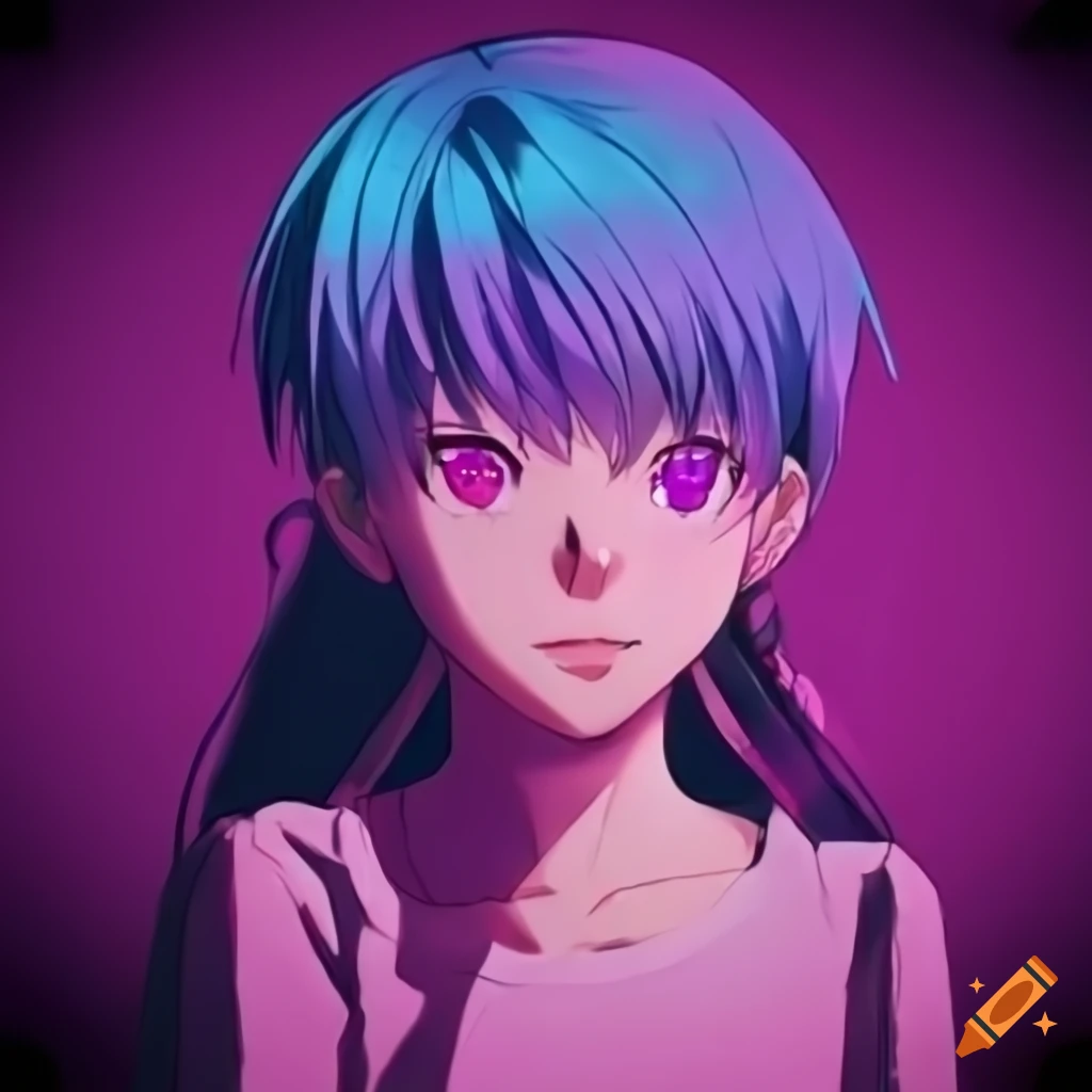 Human-created anime profile picture in pink, blue, and purple on Craiyon