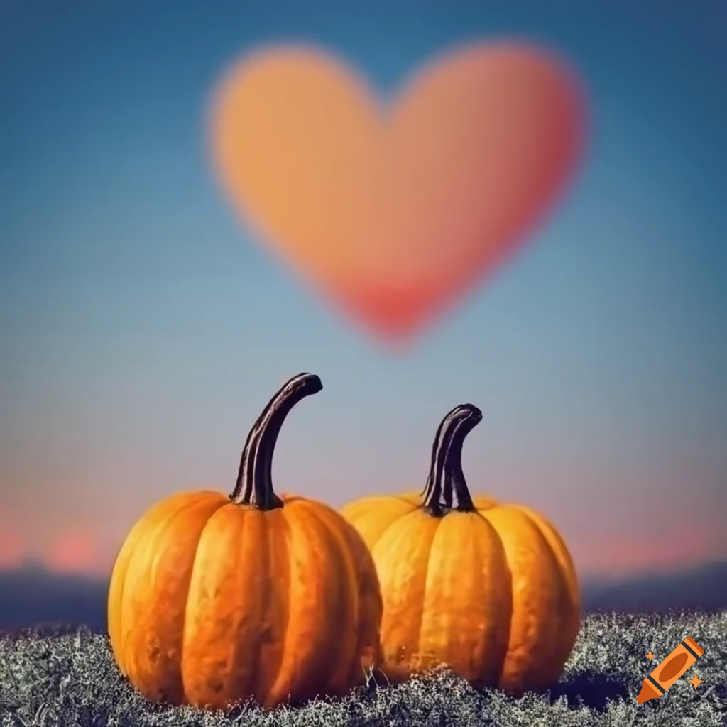 pumpkins with a heart-shaped cloud in the sky background