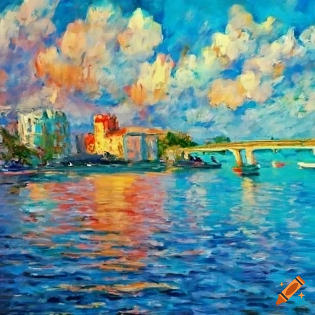 impressionistic painting of a seascape with boats and buildings