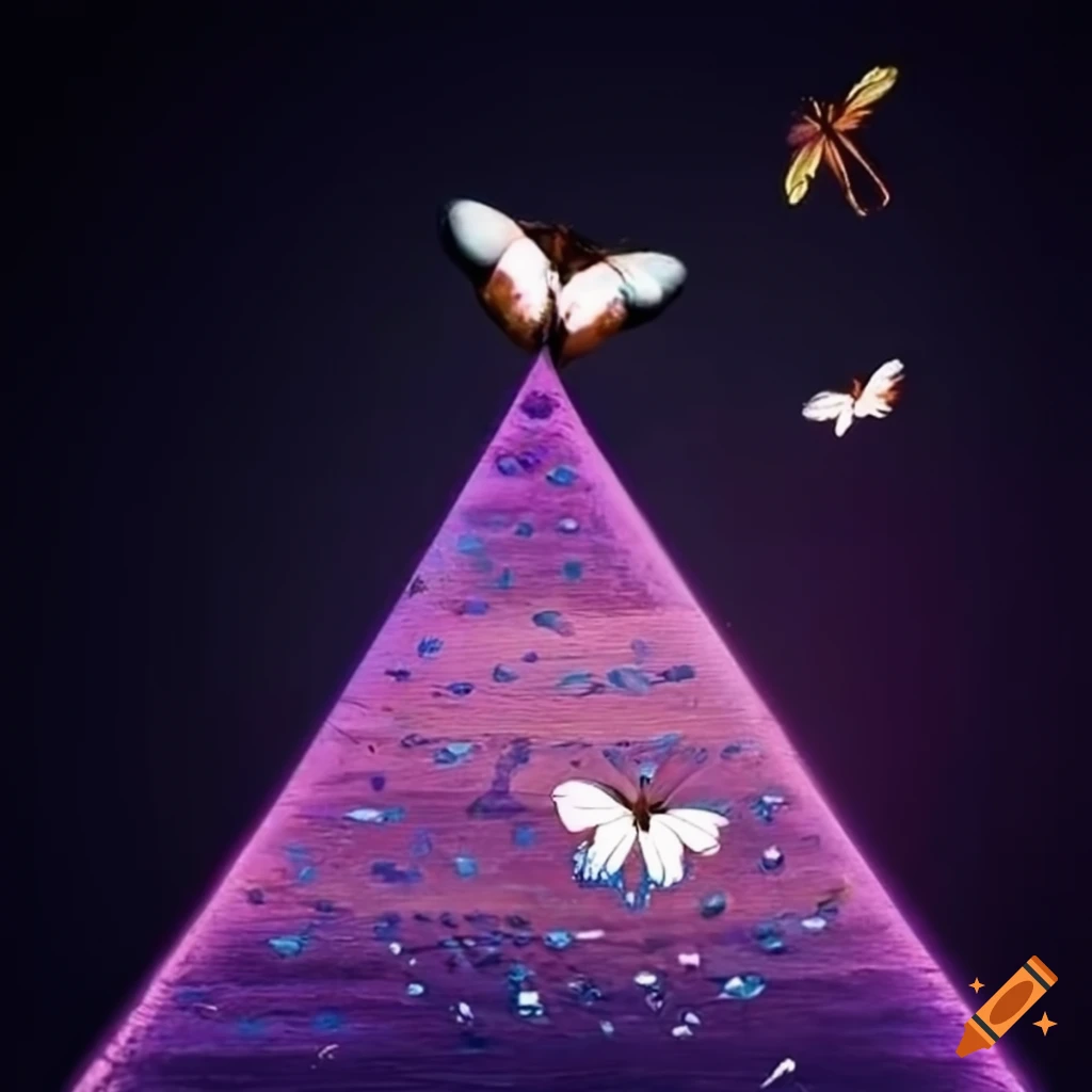pyramid with number 33 and flying butterflies
